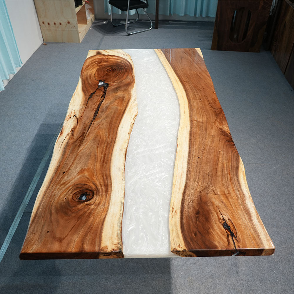 Artisanal Black Walnut Wood Pearlwhite Shimmer Epoxy Table - for Upscale Dining Rooms in Boston