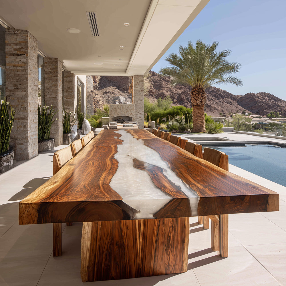 Opalescent Pearl White River Walnut Epoxy Table in New Orleans