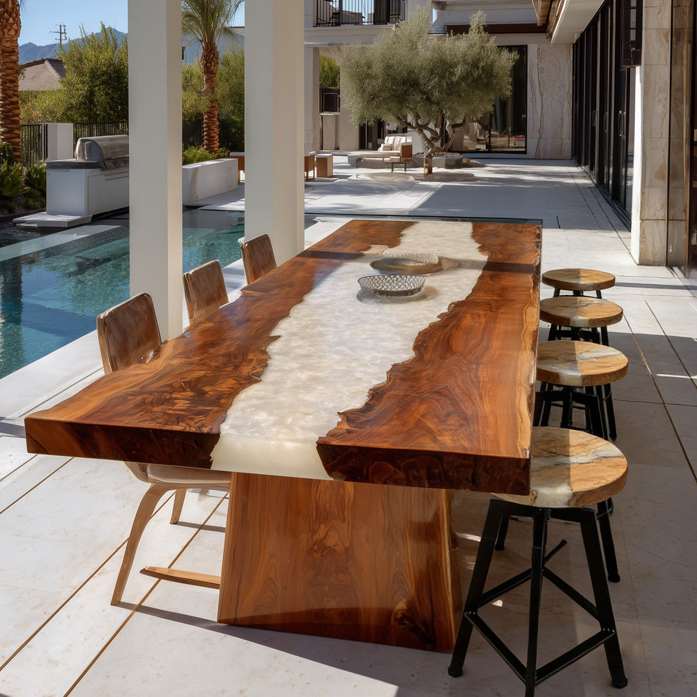 Opalescent Pearl White River Walnut Epoxy Table for Poolside Villas and Penthouses in New Orleans