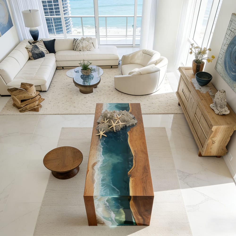 Precision-Engineered Black Walnut Waterfall Ocean Wave Epoxy Table for Modern Beachfront Estates in Malibu