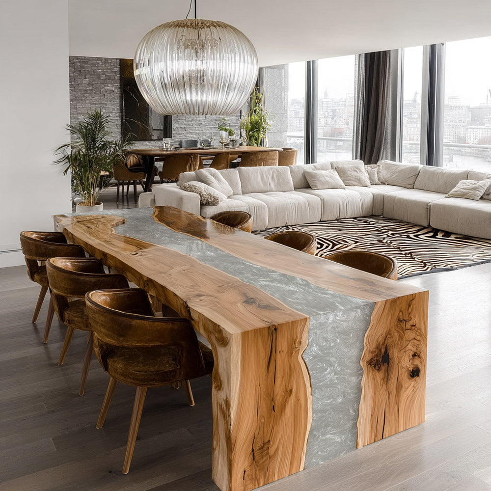 Olive Wood Waterfall Pearl White Flowing Epoxy Table in New York