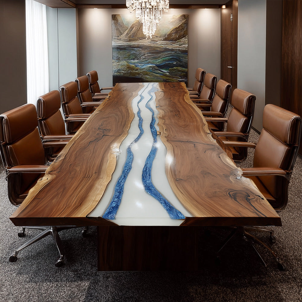 Prestige Live Edge Black Walnut Blue-White Executive Conference Table – Bespoke Design for Visionary Elite Boardroom in New York