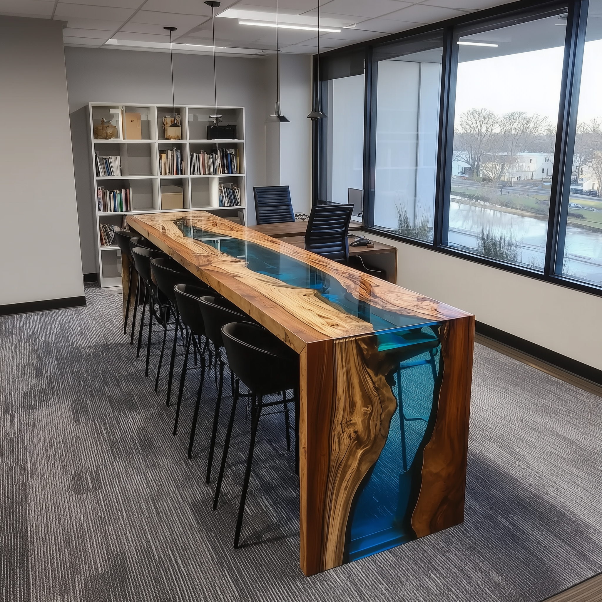 Waterfall Walnut Blue Transparent Epoxy Table in Los Angeles