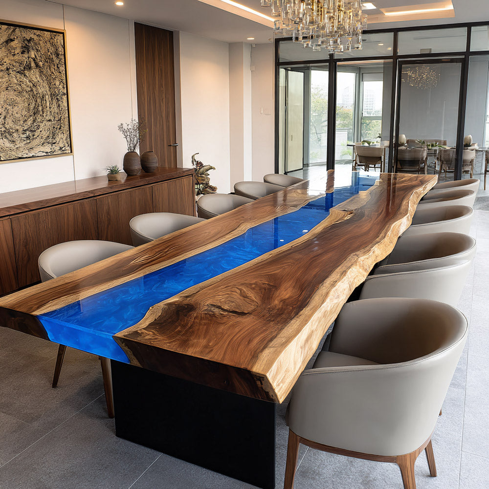 Professional Solid Walnut Boardroom Blue Epoxy Conference & Dining Table for Large Scale Professional Use in San Francisco