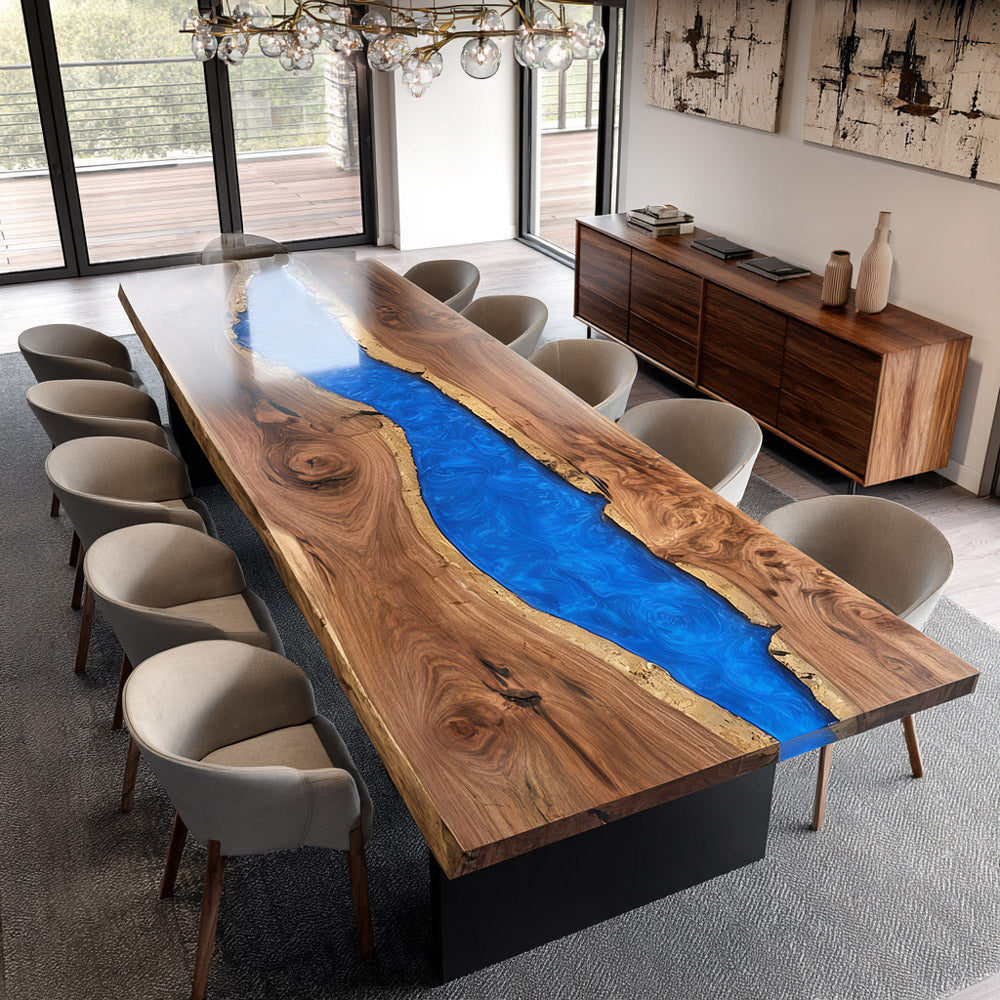 Solid Walnut Boardroom Blue Epoxy Conference & Dining Table in San Francisco