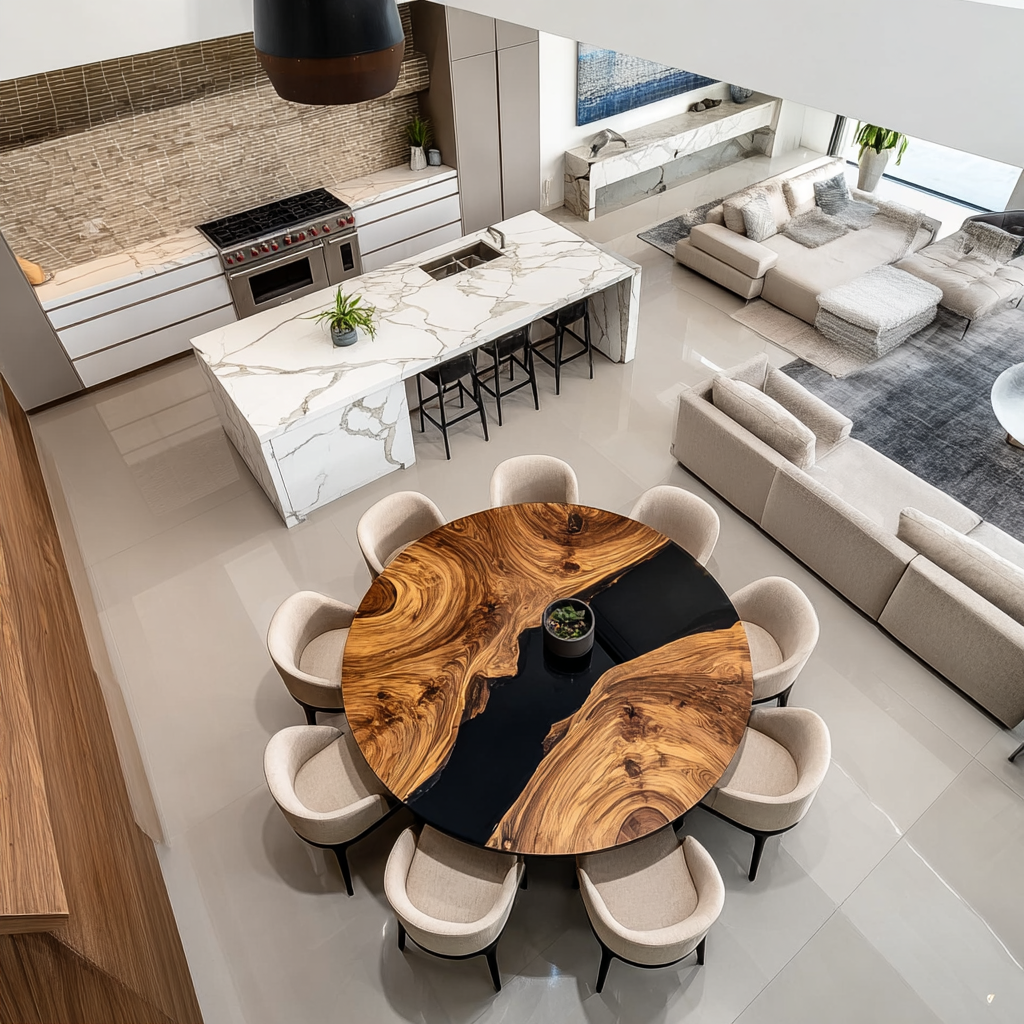 Round Black Walnut Epoxy Table with High-Gloss Black Resin Inlay in Seattle