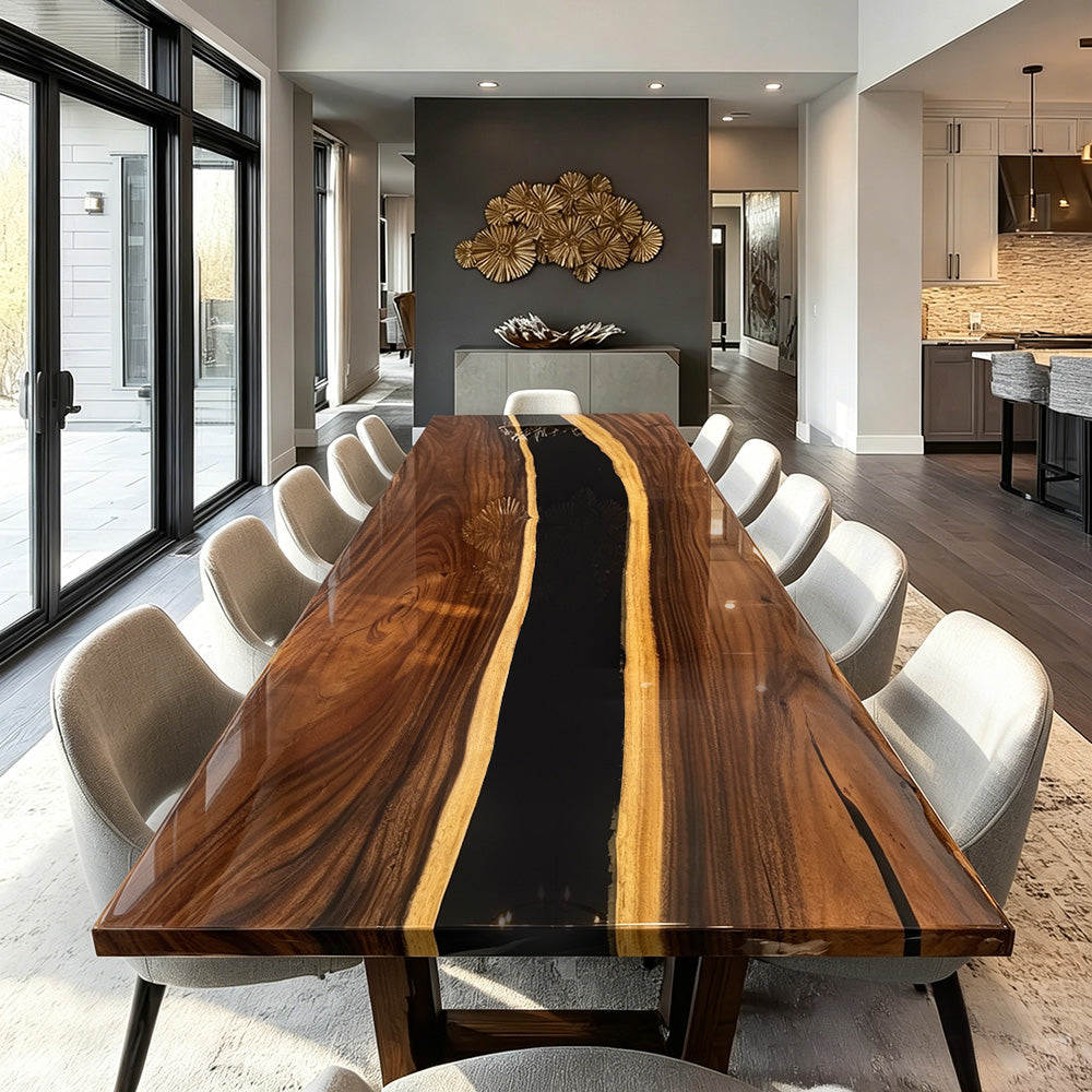 Rustic Modern Walnut & Black River Epoxy Table - Premium Multi-Seat Family Dining in Manhattan