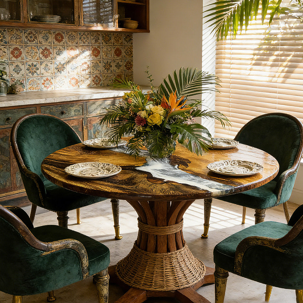 Black Walnut Round Pearl White Powder Epoxy River Table - for Luxury Staging & Real Estate in Miami