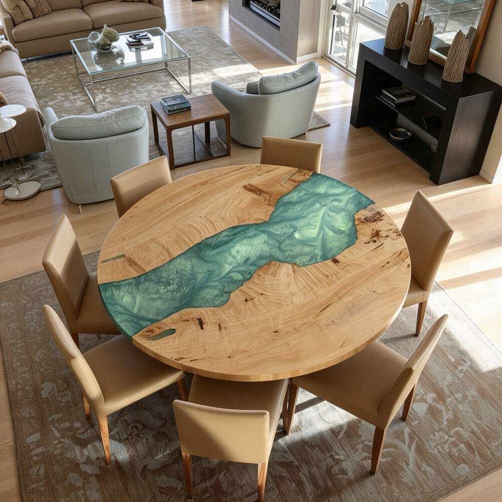 Space-Saving Round Ash Wood Epoxy Dining Table in Muted Light Green - Elegant Focal Point for Apartments in Austin