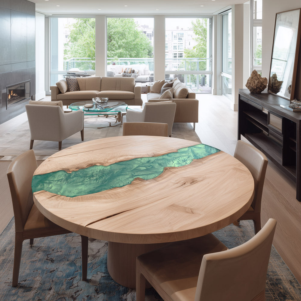 Round Ash Epoxy Dining Table in Muted Light Green - Elegant Focal Point for Apartments in Austin