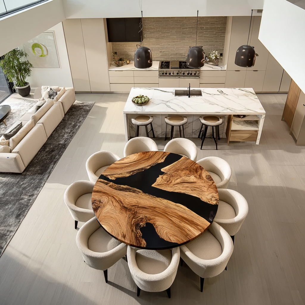 Space-Saving Round Black Walnut Epoxy Tables in Seattle