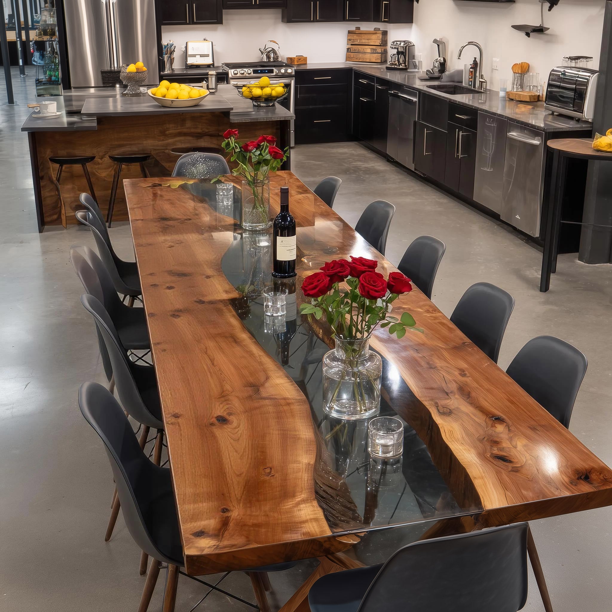 Stunning Black Translucent River Black Walnut Dining Epoxy Table in Los Angeles