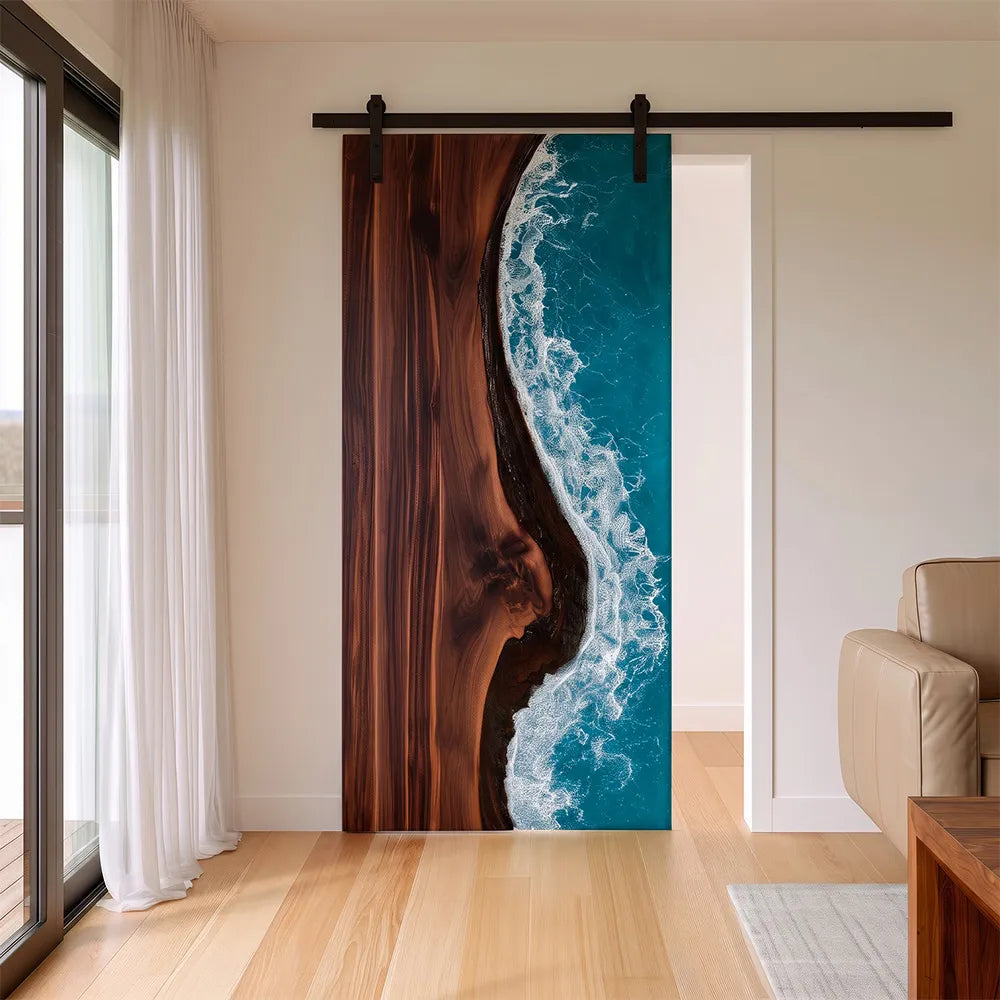 The "Pacific Coast" Black Walnut & Ocean Epoxy Sliding Barn Door | EBD18