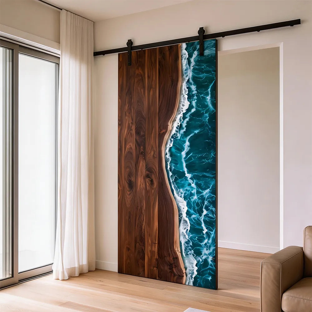 The "Pacific Coast" Black Walnut & Ocean Epoxy Sliding Barn Door | EBD18