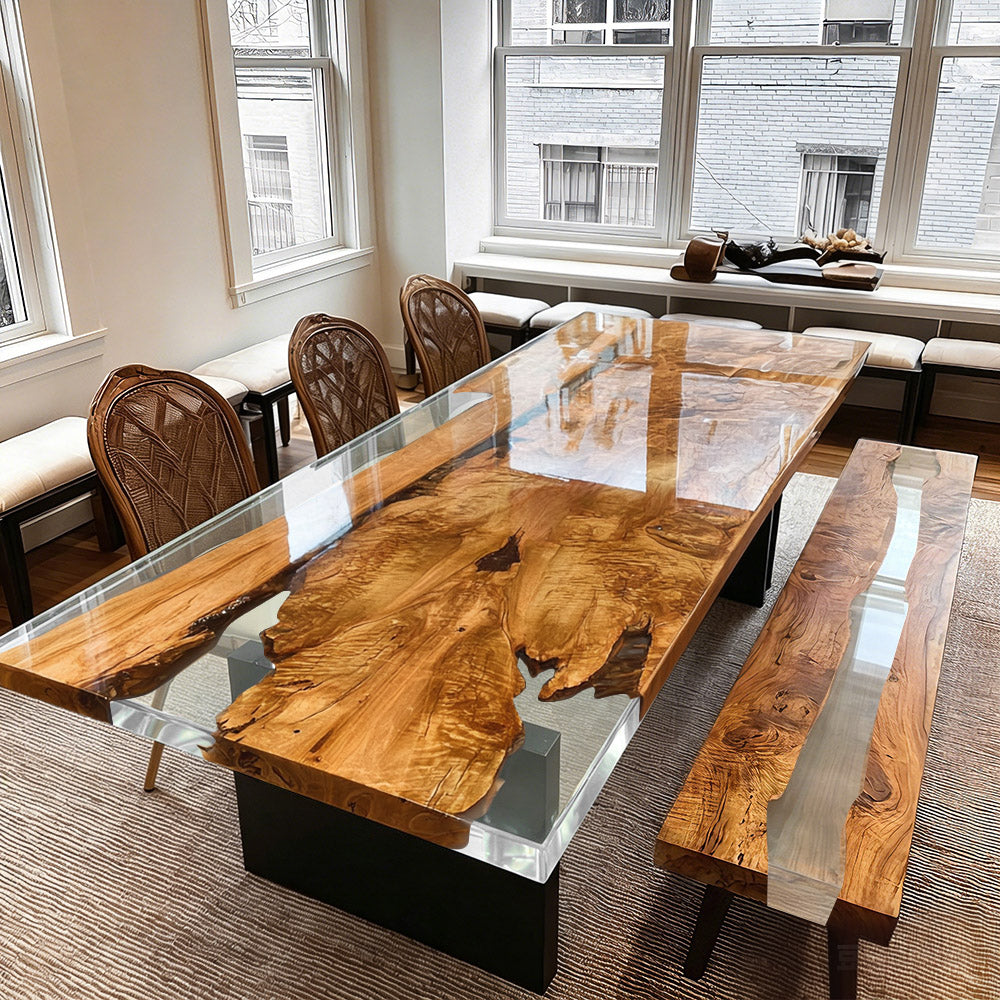 Vibrant Olive Wood & Crystal Clear Resin Dining Set - Optical Design for Gourmet Spaces & Modern Dining in Los Angeles