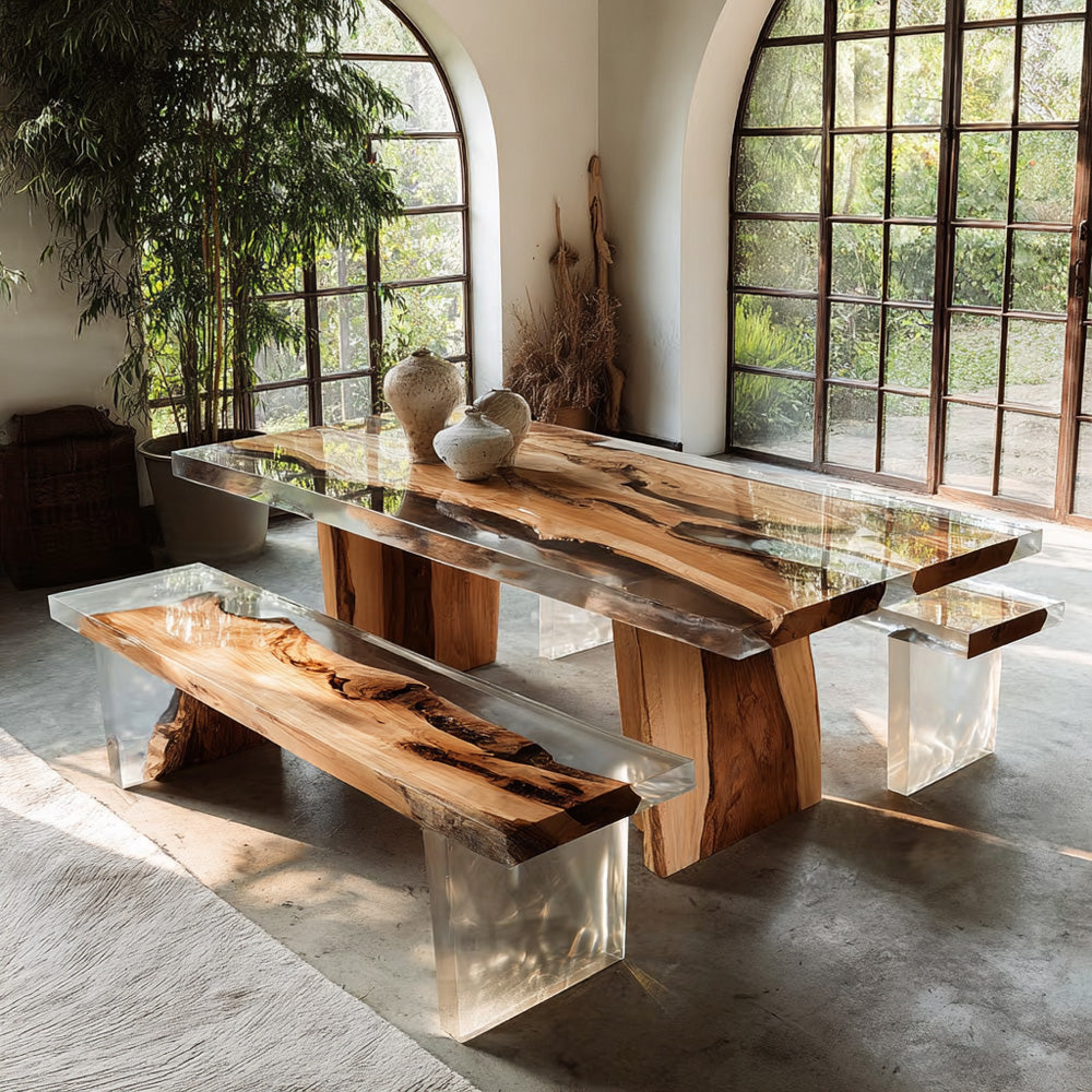 Contemporary Walnut & Clear Epoxy Table Set with Matching Bench KCT84 in Manhattan