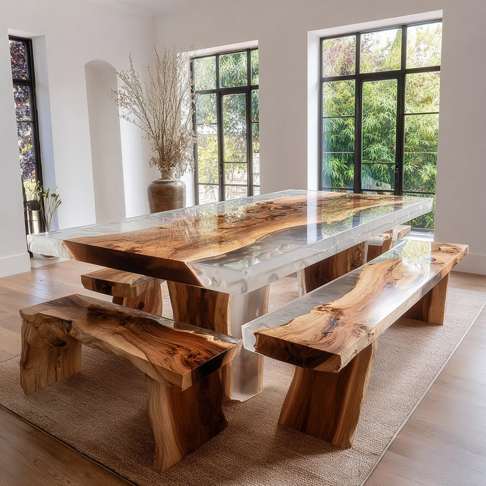 Walnut & Clear Epoxy Table Set - Floating Wood Grain Aesthetic with Matching Bench in Manhattan