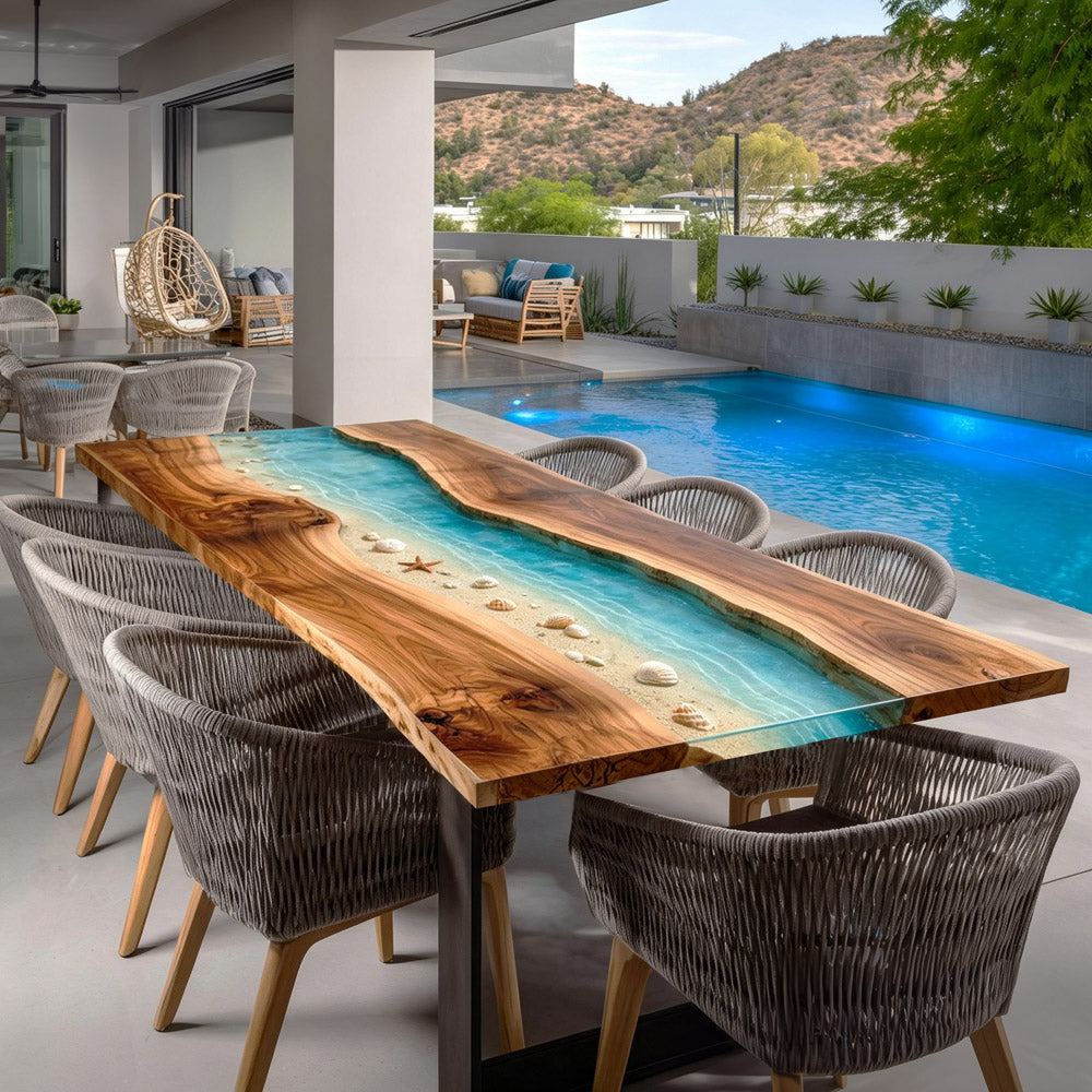 Marine Aesthetic Walnut Epoxy Table - Sea Beach Wave Design in New York