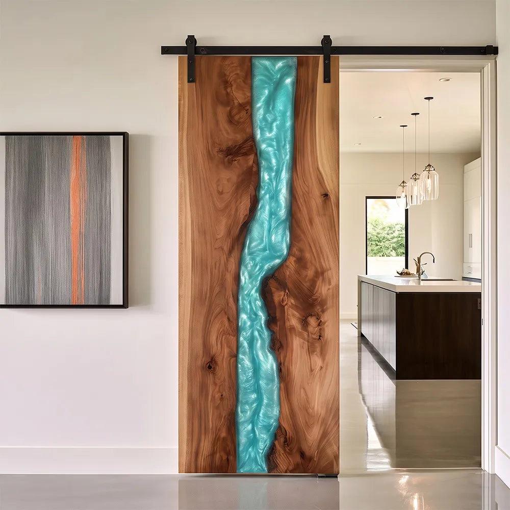 Walnut & Turquoise Resin "River" Barn Door – California Coastal Collection | EBD17