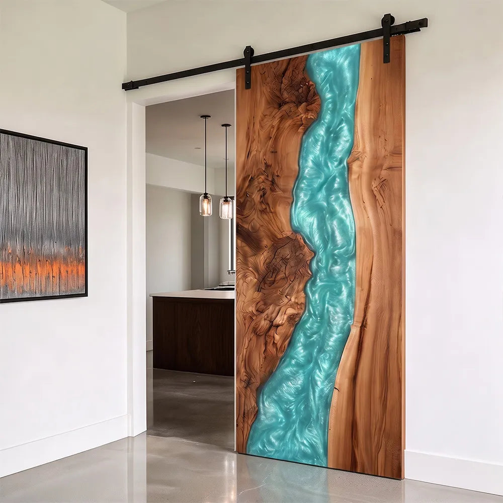 Walnut & Turquoise Resin "River" Barn Door – California Coastal Collection | EBD17