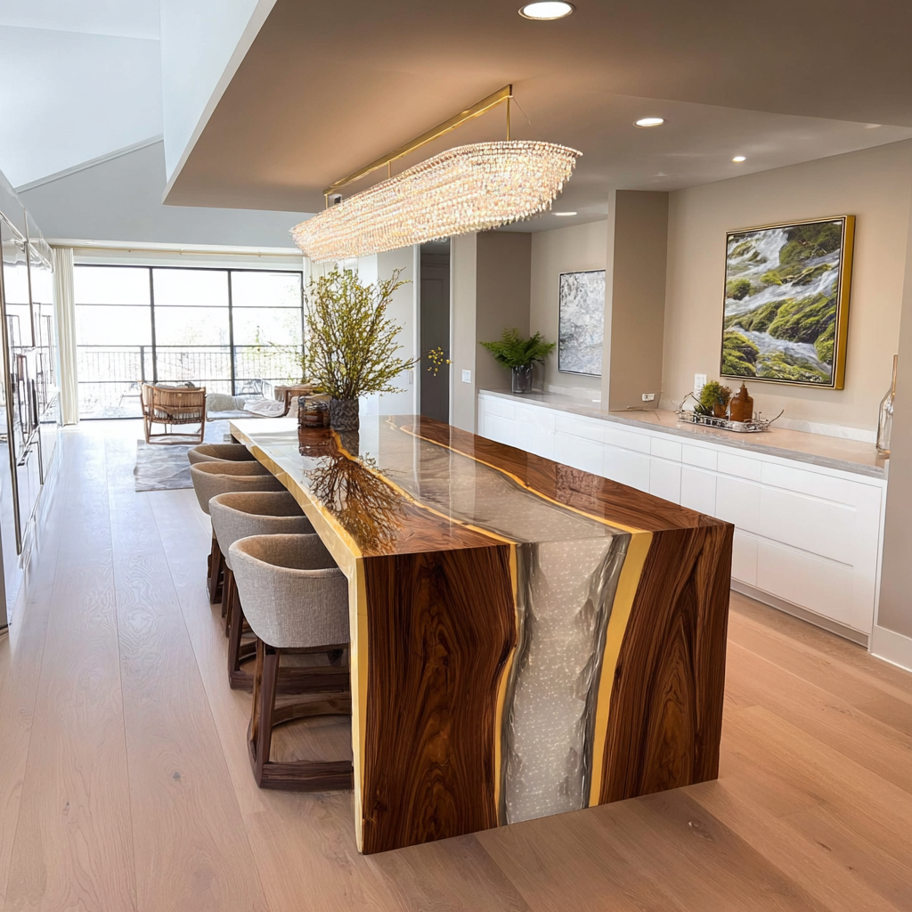 Waterfall White Epoxy Dining Table for Coastal Estates in San Francisco