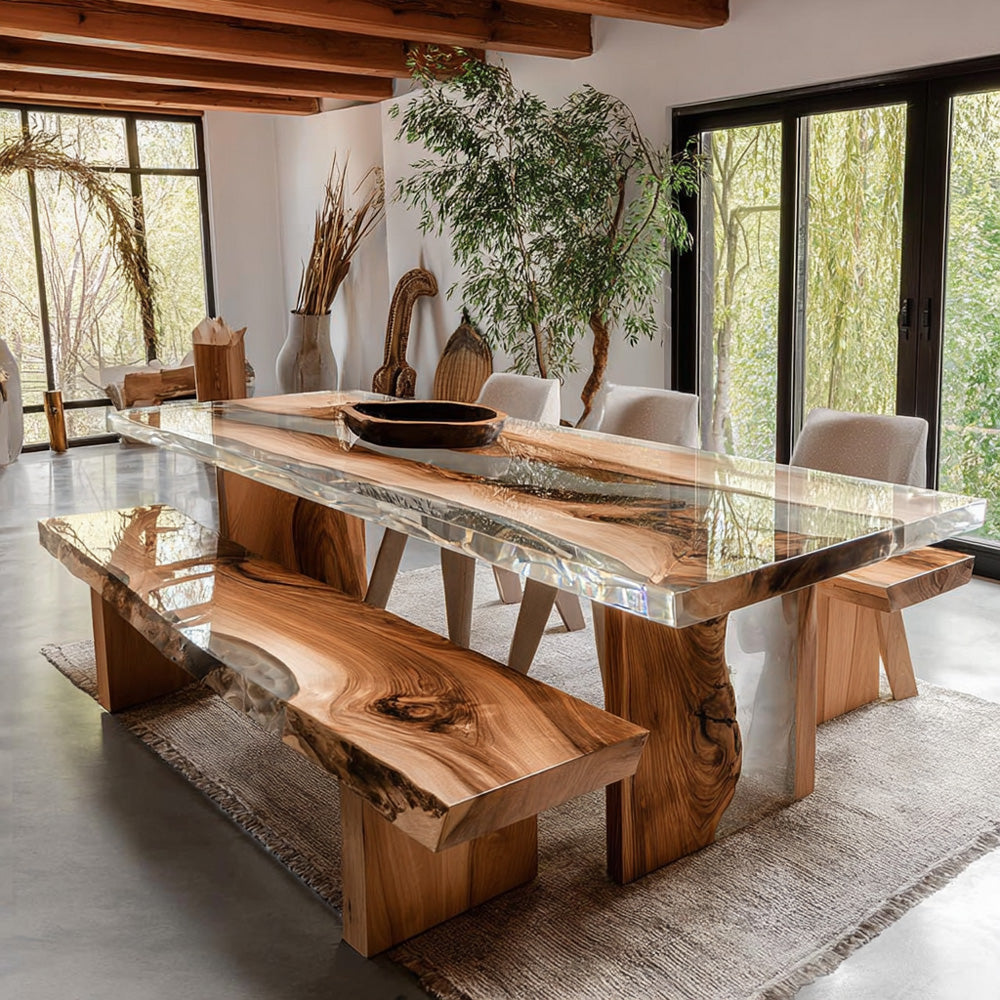 Walnut Wood Epoxy Table Set with Matching Bench in Manhattan