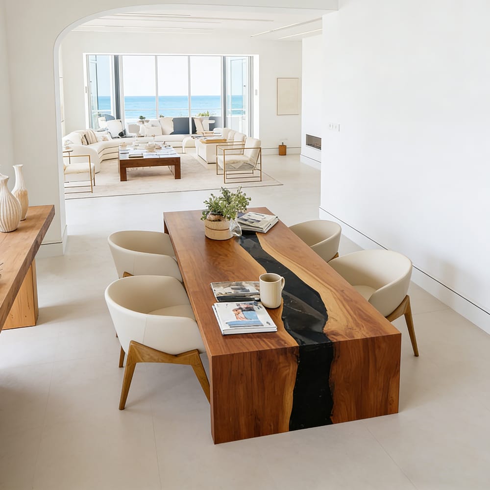 Sleek Waterfall Walnut Black River Epoxy Table for American Urban Penthouses in New York