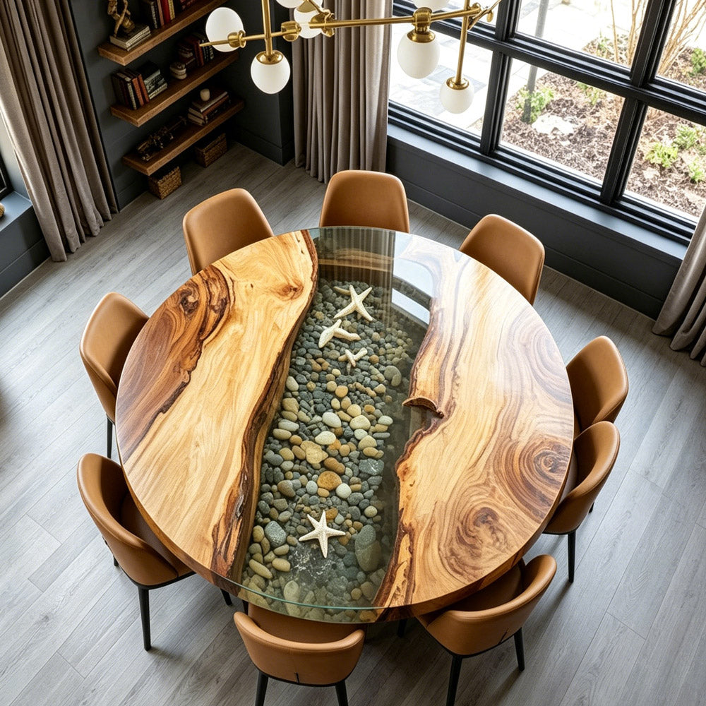 Whimsical Round Walnut Pebble Starfish Round Epoxy Table - Perfect for Breakfast Nooks & Beach Houses in Charleston
