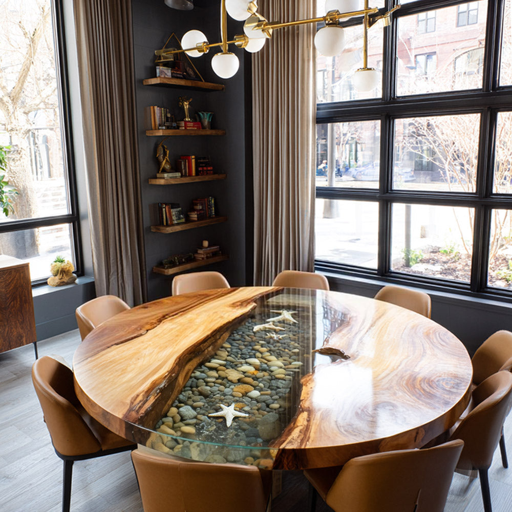 Whimsical Round Walnut Pebble Starfish Epoxy Table in Charleston
