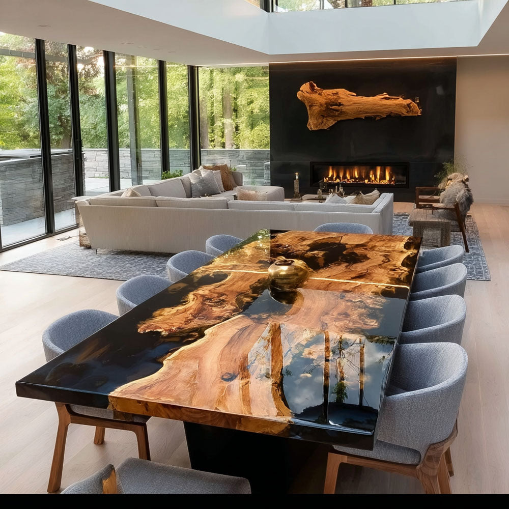 Custom Wood Black River Dining Resin Epoxy Table in California