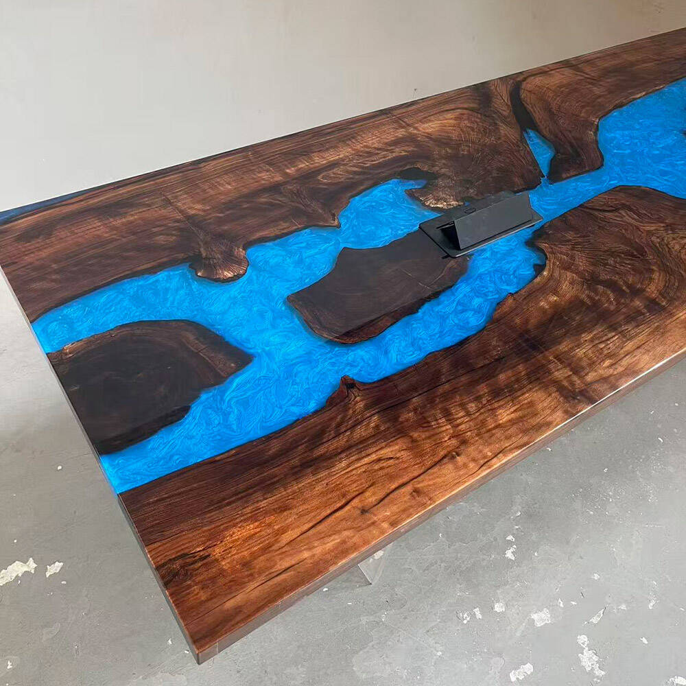 KAZANAHOME Black Walnut Blue River Conference Epoxy Table with Two Power Outlets 36"W×120"L