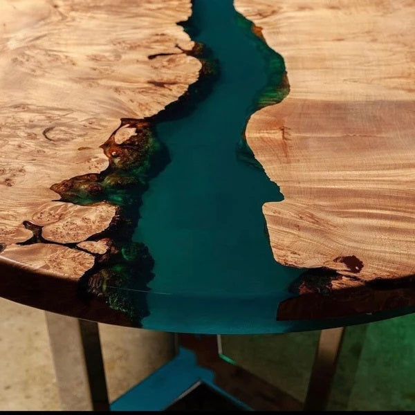 Custom Olive Arc Edge Edge Epoxy Blue River Dining Table CT65