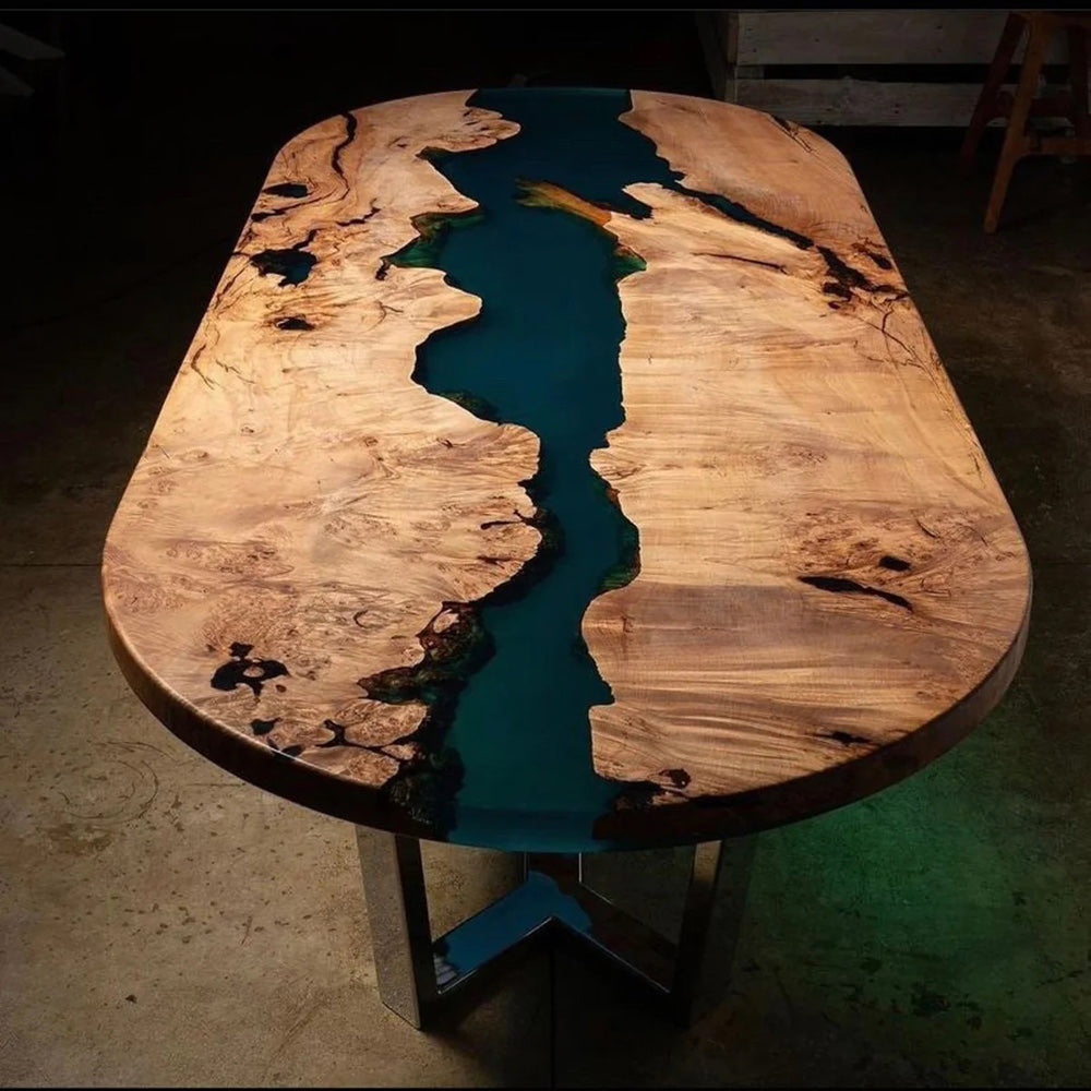 Custom Olive Arc Edge Edge Epoxy Blue River Dining Table CT65