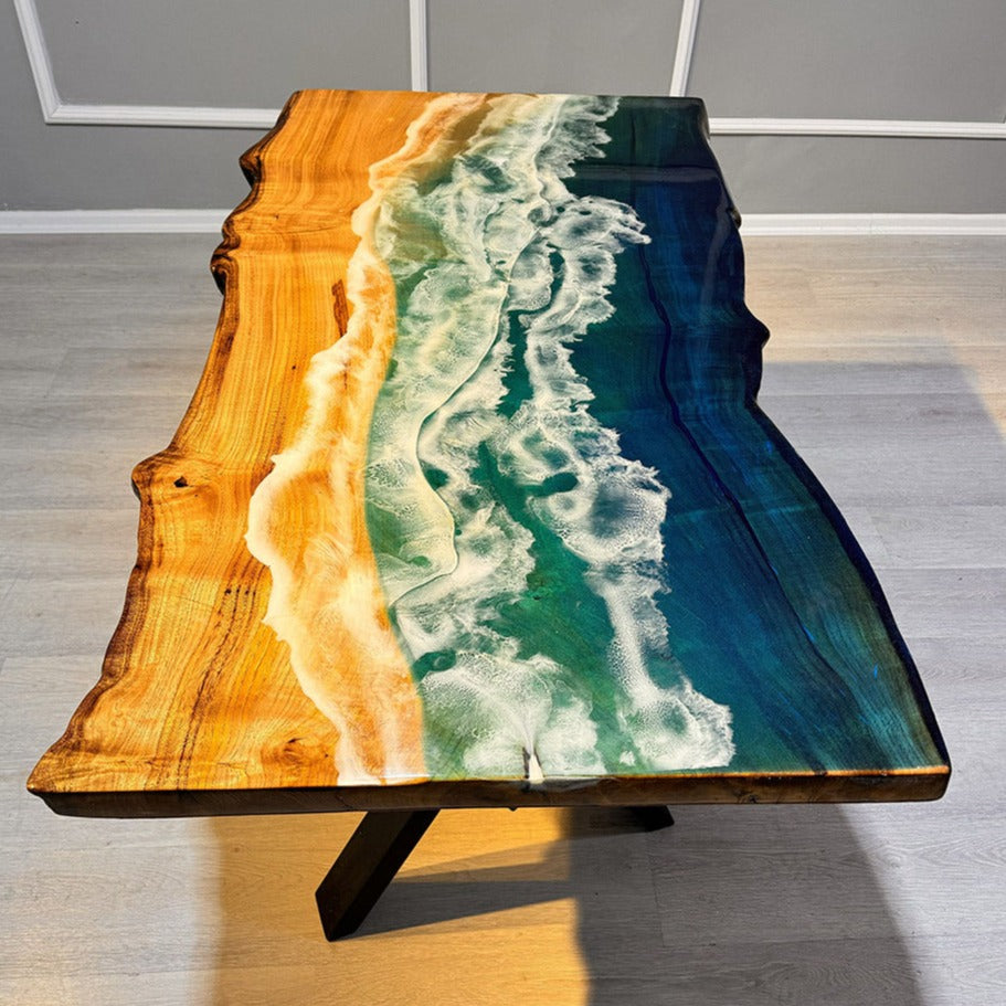 レジンテーブル(yu) Custom Walnut Live Edge Blue Wave Epoxy Table