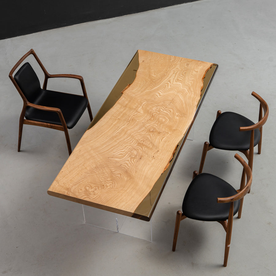 KAZANA Ash Wood Clear Orange Epoxy Dining Table 31.5"Wx 74.8"L