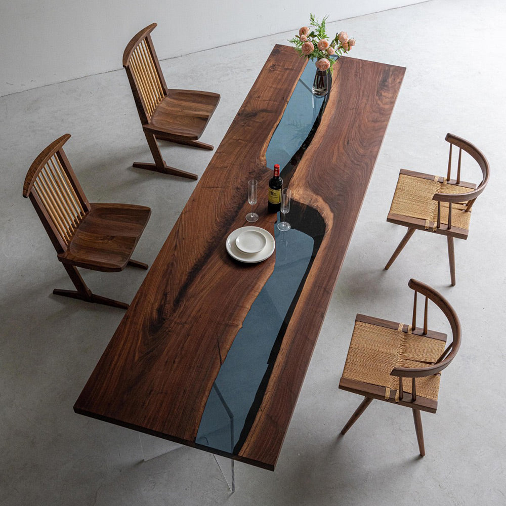 KAZANA Black Walnut Blue River Epoxy Resin Dining Table 35.43"Wx118.11" L