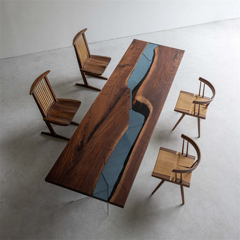 KAZANA Black Walnut Blue River Epoxy Resin Dining Table 35.43"Wx118.11" L