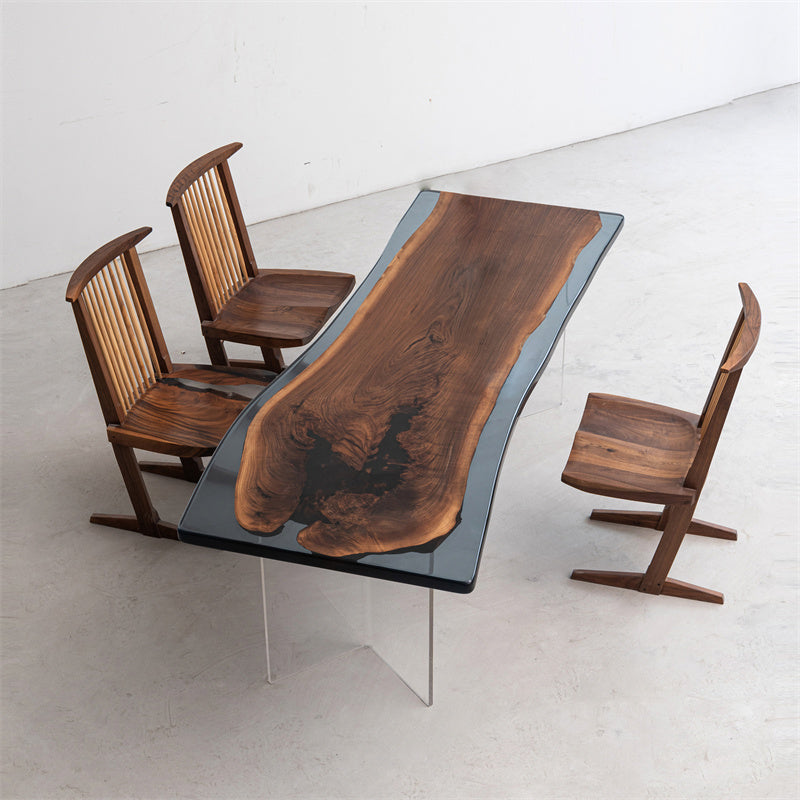 KAZANA Black Walnut Epoxy Resin Transparent Blue Live Edge Table 32.09"W 87.4"L