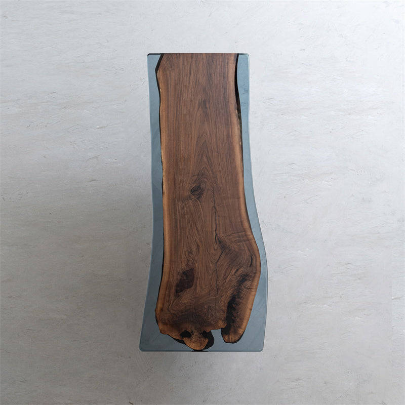 KAZANA Black Walnut Epoxy Resin Transparent Blue Live Edge Table 32.09"W 87.4"L