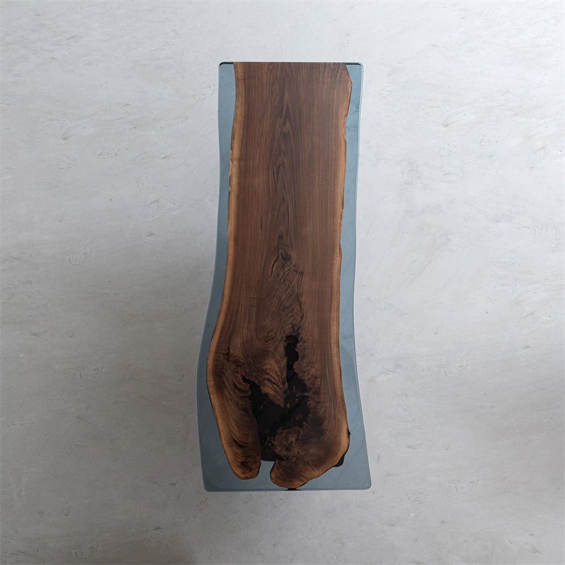 KAZANA Black Walnut Epoxy Resin Transparent Blue Live Edge Table 32.09"W 87.4"L