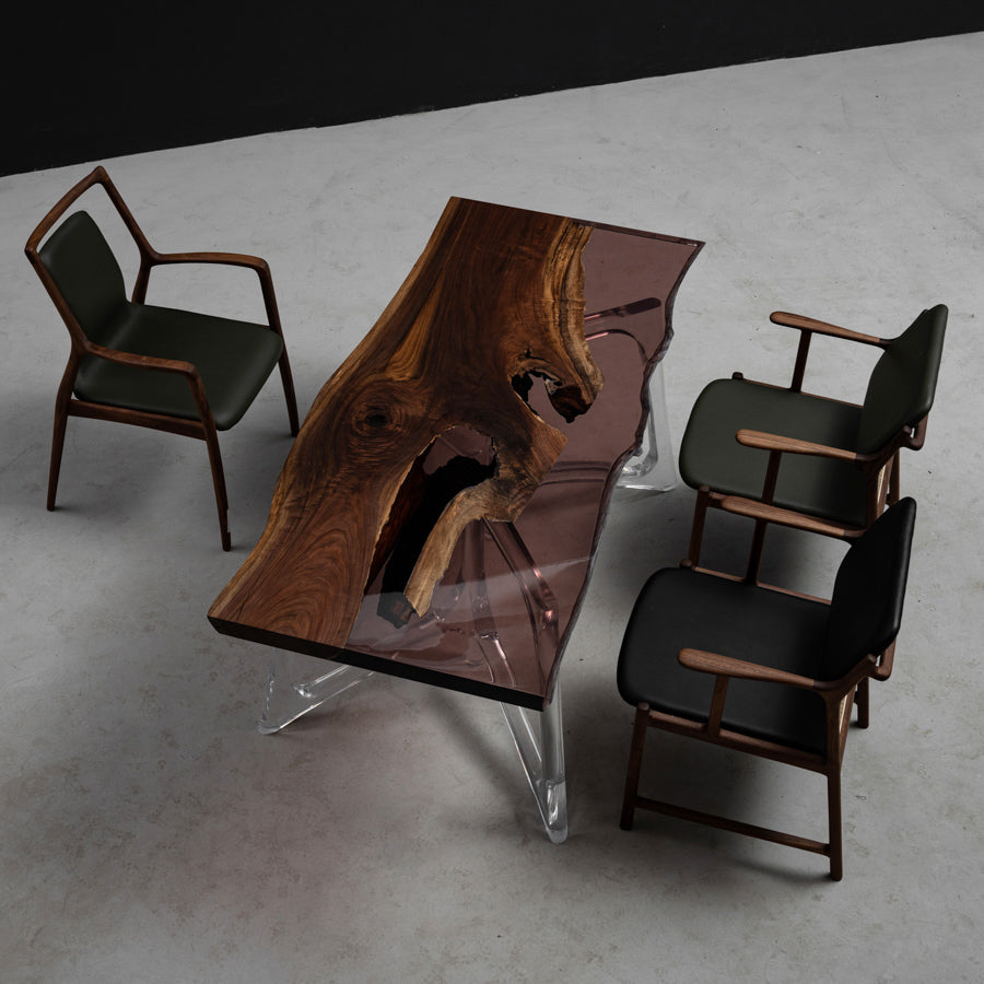 KAZANA Black Walnut Epoxy Transparent Red Live Edge Dining Table 30.91"Wx 66.93"L