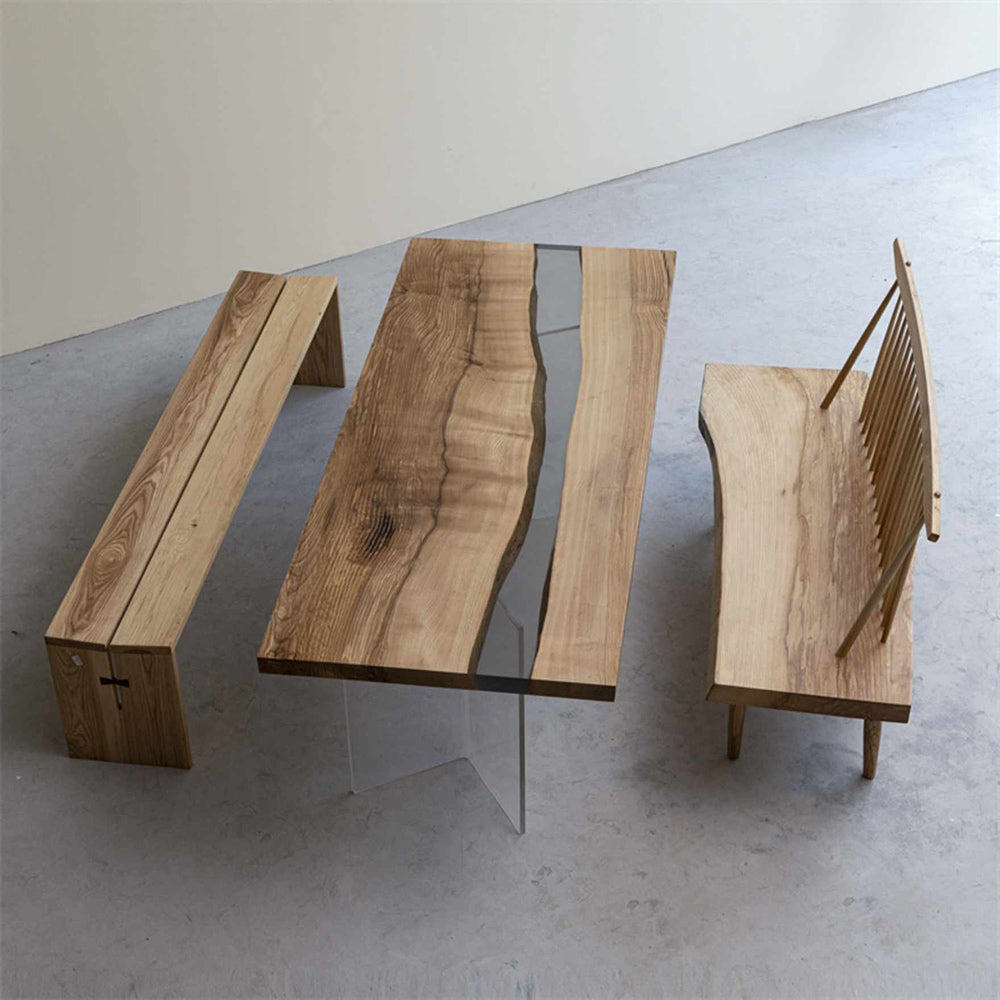 KAZANA Handmade Ash Wood Epoxy Resin River Table 33.58"Wx 82.76"L