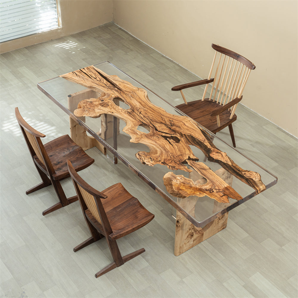 KAZANA Olive Wood Clear Epoxy Resin Dining Table 33.74"W 96.89"L