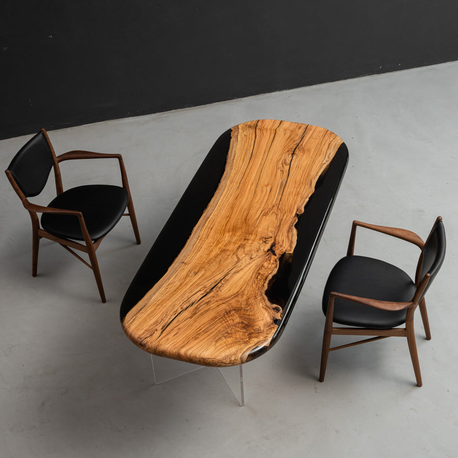 KAZANA Olive Wood Epoxy Resin Arc Edge Dining Table 31.1"Wx 74.61"L