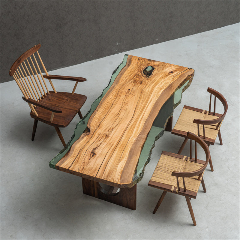 KAZANA Olive Wood Epoxy Resin Turquoise River Live Edge Dining Table 33.86"Wx 74.8"L