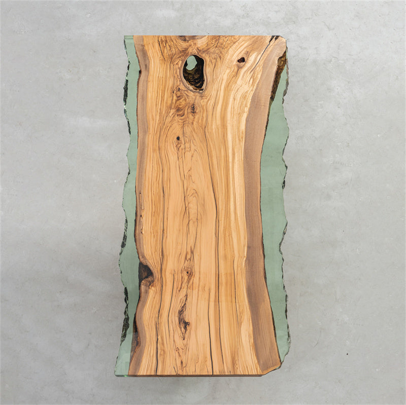 KAZANA Olive Wood Epoxy Resin Turquoise River Live Edge Dining Table 33.86"Wx 74.8"L