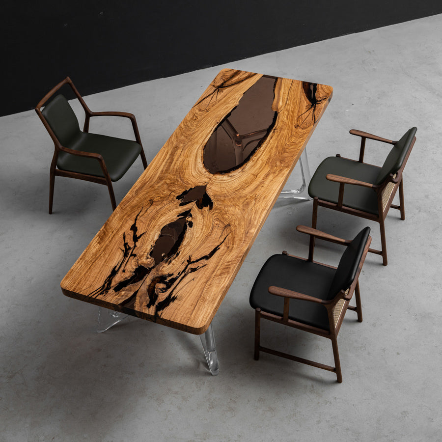 KAZANA Olive Wood Gray Transparent Epoxy Resin Dining Table 33.46"Wx 91.34"L