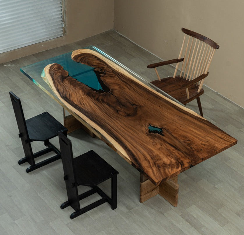 KAZANA Walnut Wood Epoxy Blue River Dining Table 38.98''W 94.49L