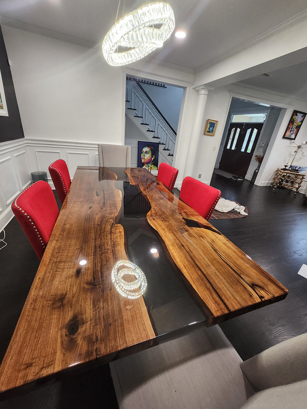 A Custom 9ft Black Walnut Epoxy Dining Table For Kevin’s Mohegan Lake Villa