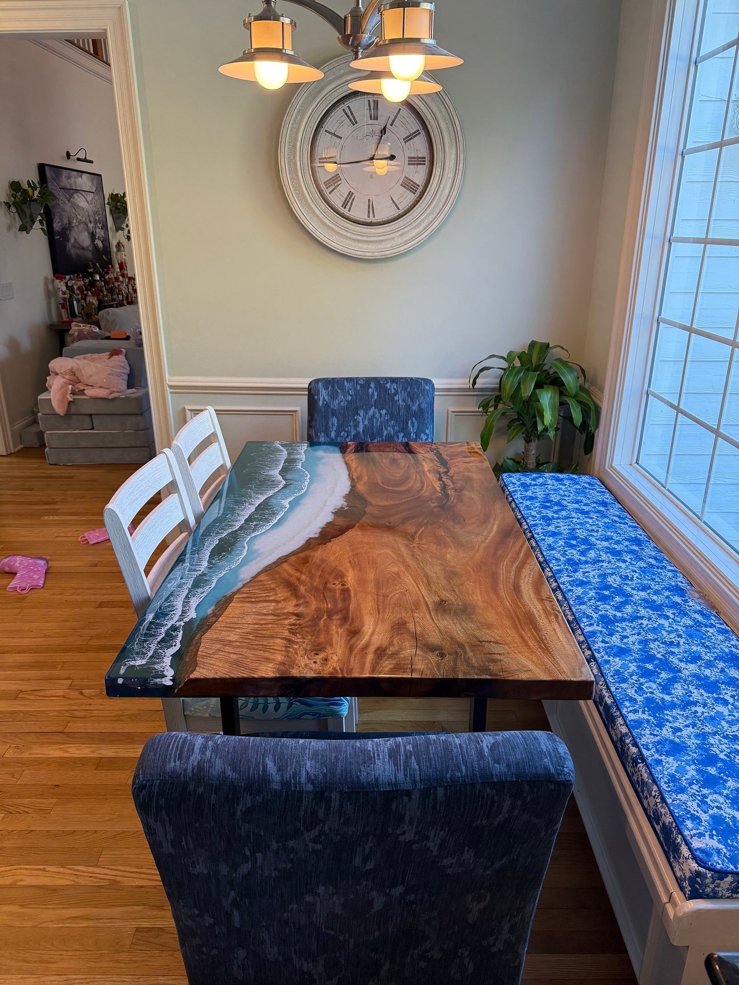 A Coastal Masterpiece for Finian Drive: Jarrod’s Custom Walnut Wave Ocean Epoxy Dining Table-Kazanahome
